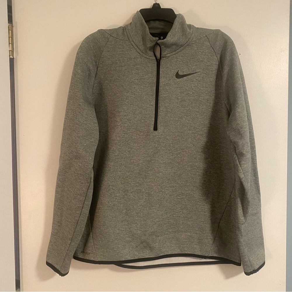 Nike Dri Fit Running Mens M Gray Fleece Lined Quarter Zip Long Sleeve Athletic